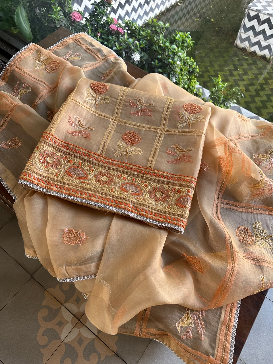 Dark Beige Organza Banarasi Silk Chikankari Unstitched Kurta Dupatta Set