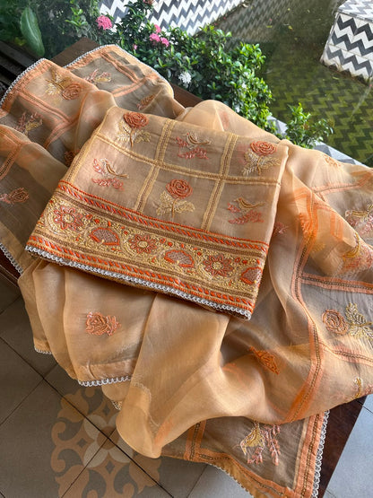 Dark Beige Organza Banarasi Silk Chikankari Unstitched Kurta Dupatta Set