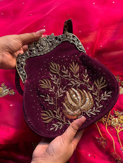 Burgundy Shade Velvet Ari Mukaish Zardosi Sling Bag