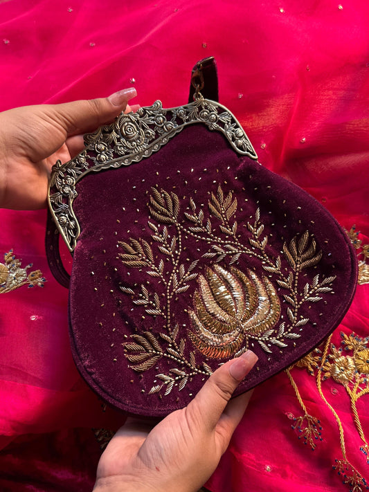 Burgundy Shade Velvet Ari Mukaish Zardosi Sling Bag
