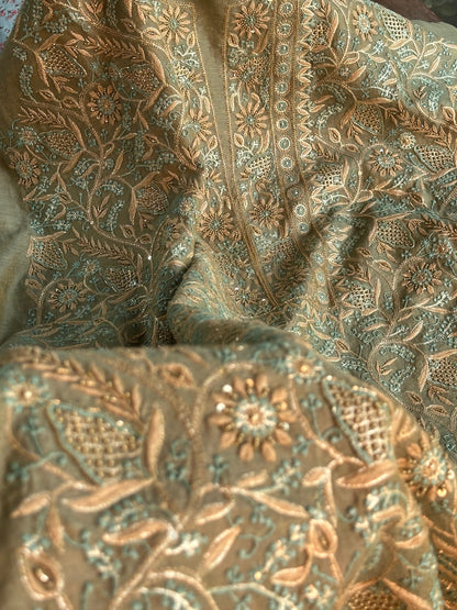 Cement Green Multi Shade Tissue Silk Chikankari Unstitched Fabric