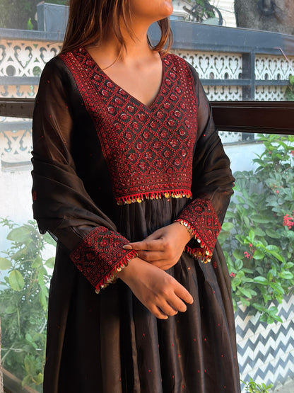 Black Sico (Silk Cotton) Chikankari Tux Kurta Set