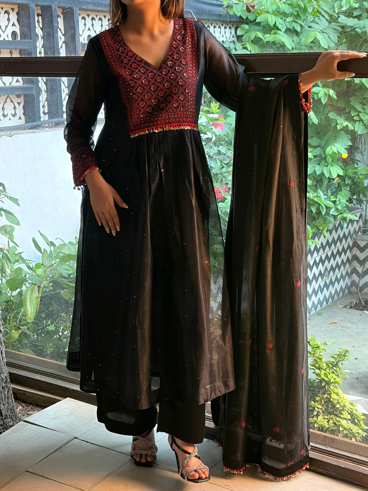 Black Sico (Silk Cotton) Chikankari Tux Kurta Set