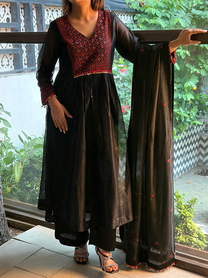Black Sico (Silk Cotton) Chikankari Tux Kurta Set