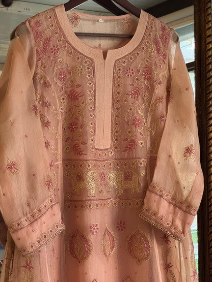 Pearl Peach Shade Noor Organza Chikankari A Line Kurta With Dupatta