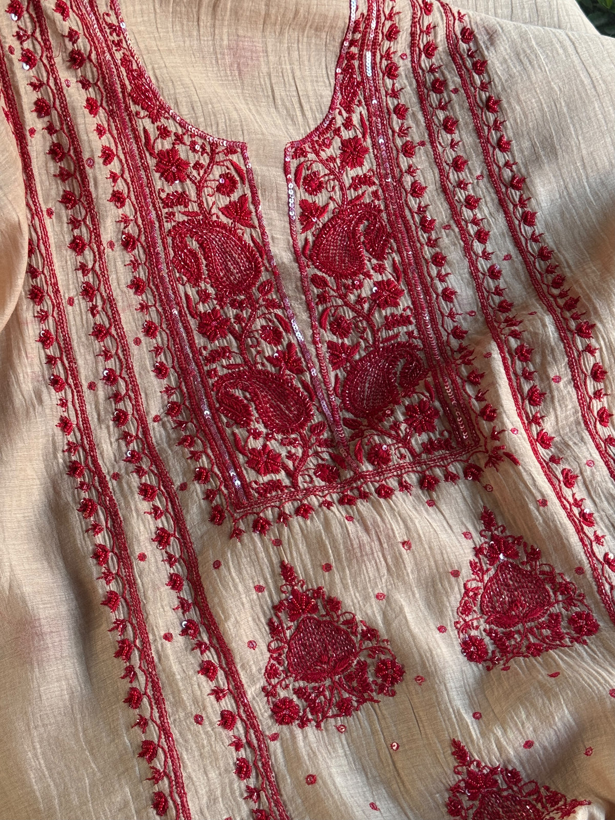 Beige & Red Mal Chanderi Silk Chikankari With Sequins Unstitched Kurta Dupatta Set