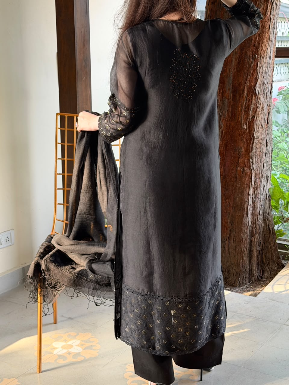 Black Kosha Mukaish Kamdani Noor Organza Chikankari Kurta Set