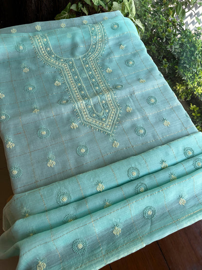 Aqua Green Shade Tissue Zari Kota Chikankari Unstitched Fabric