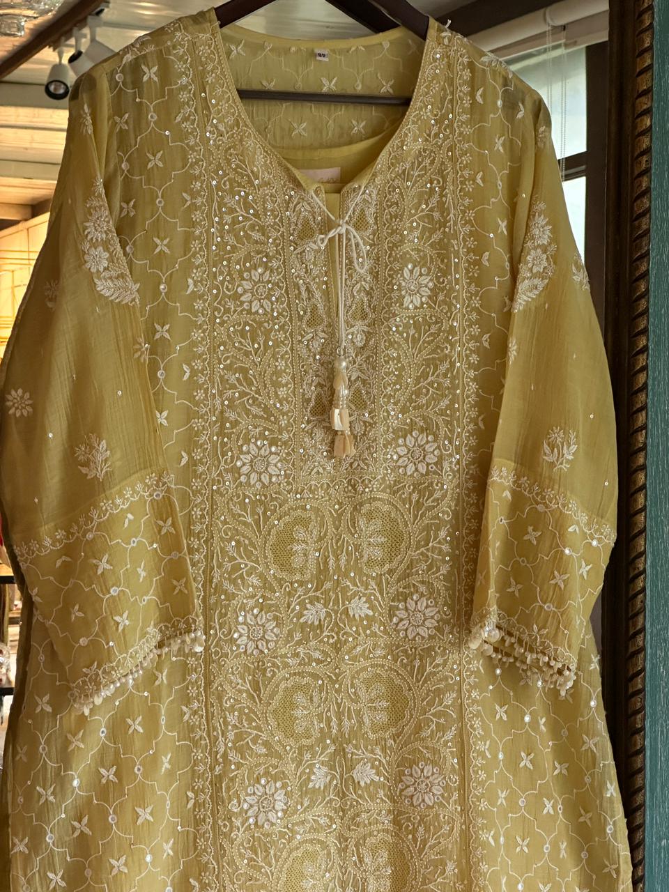 Yellow Shade Malmal Pearl White Chikankari Ready to Wear Kurta Set