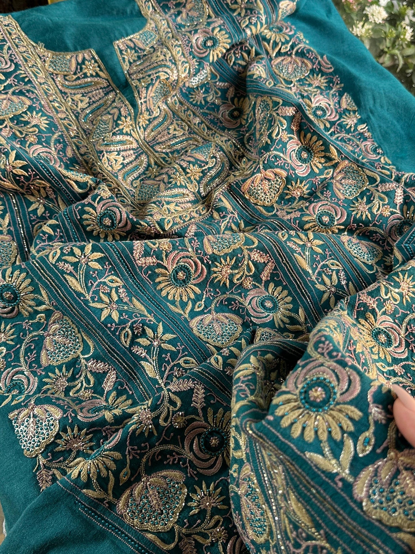 Peacock Blue Shade Moonga Silk Chikankari Unstitched Fabric
