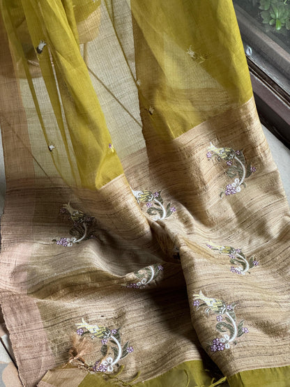 Green Shade Tussar Silk Gheecha Palla Kota Mukaish Resham Saree