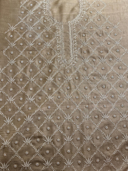 Beige Rasm Tussar Kota Chikankari Unstitched Chikankari Fabrics