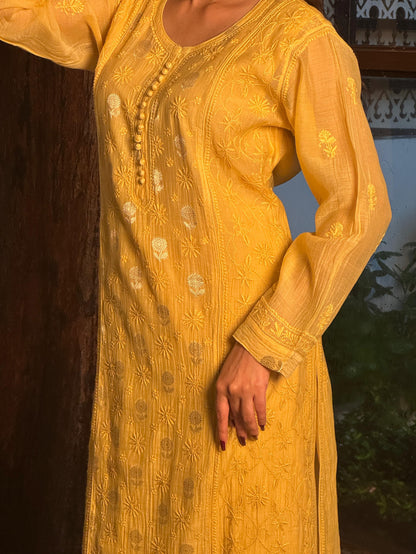 Yellow Shade Zari Chanderi Chikankari Ready to Wear Tunics