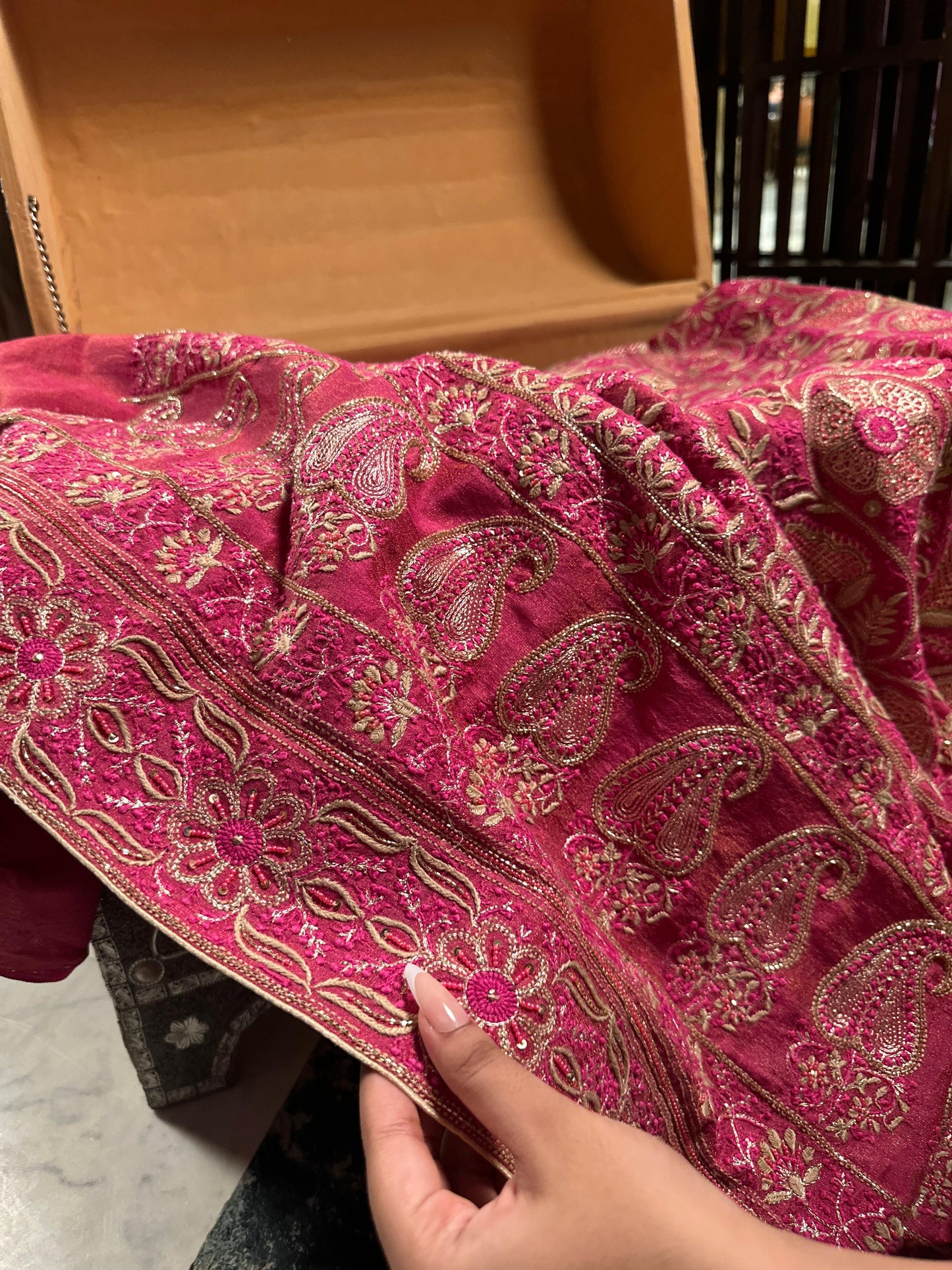 Hot Pink Tissue Silk Chikankari Unstitched Fabric