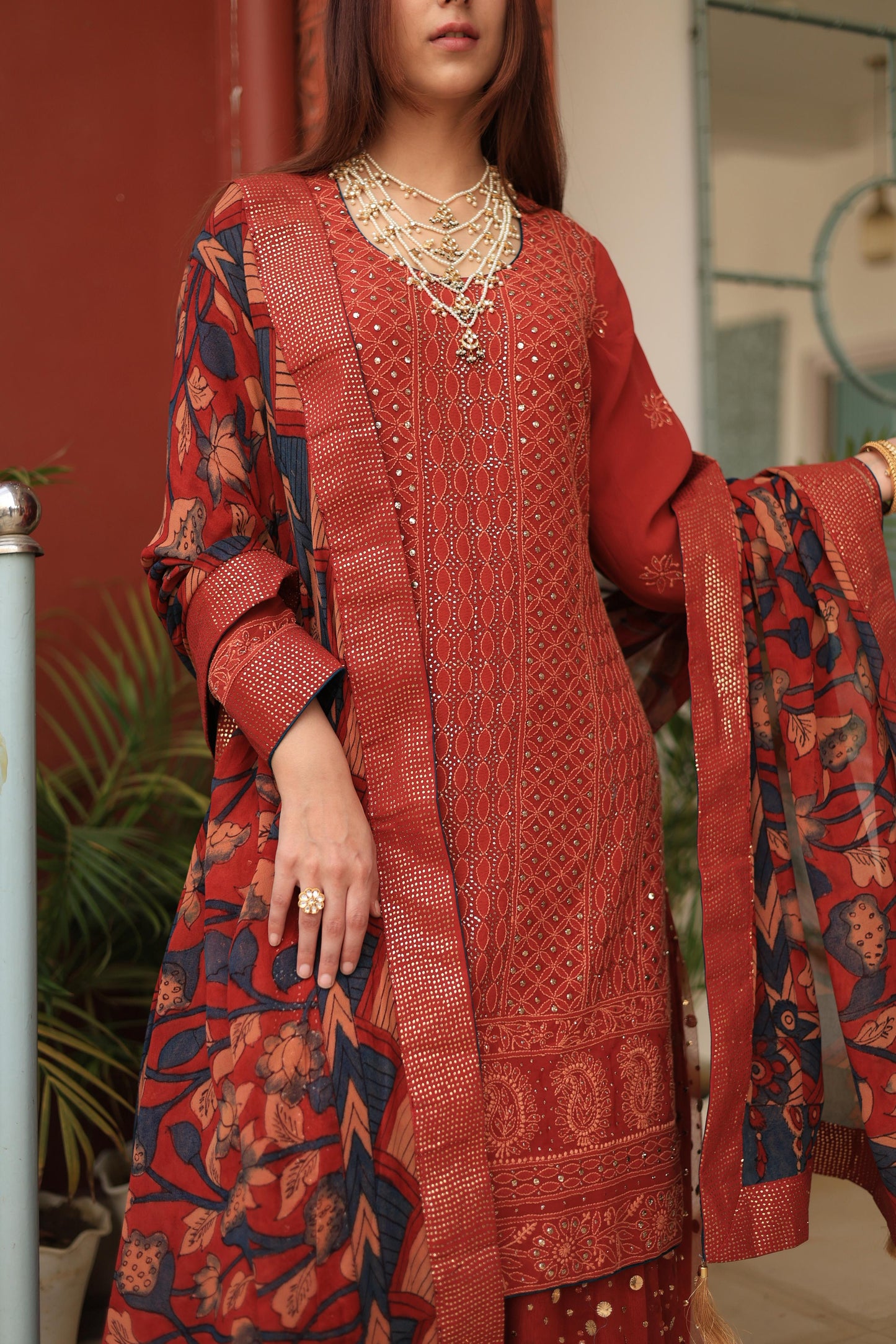 Madder Rust Red Chikankari Pure Georgette Kurta Gharara Set with Kalamkari Dupatta
