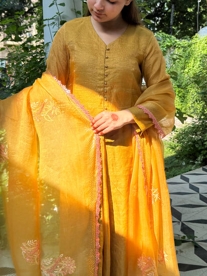 Mustard Yellow Tissue Silk Dagla Kurta Set