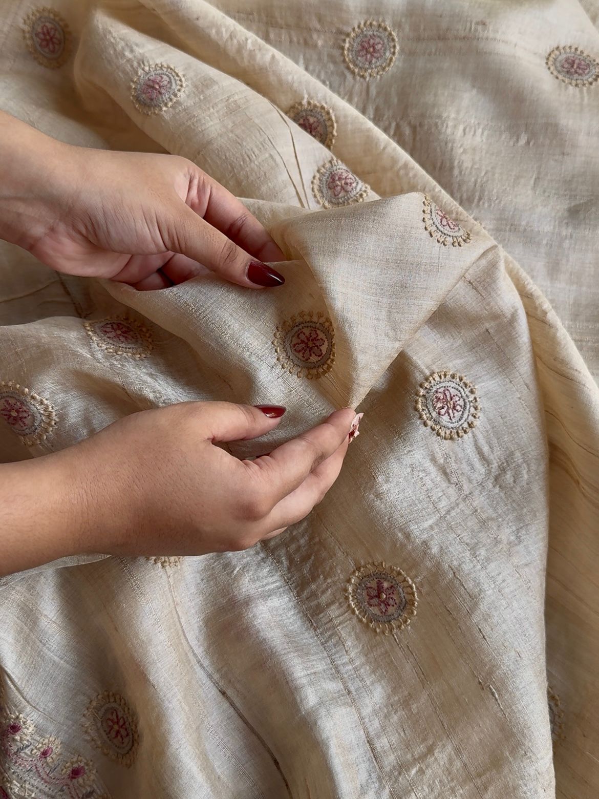 Natural Tussar Silk Chikankari Fabric