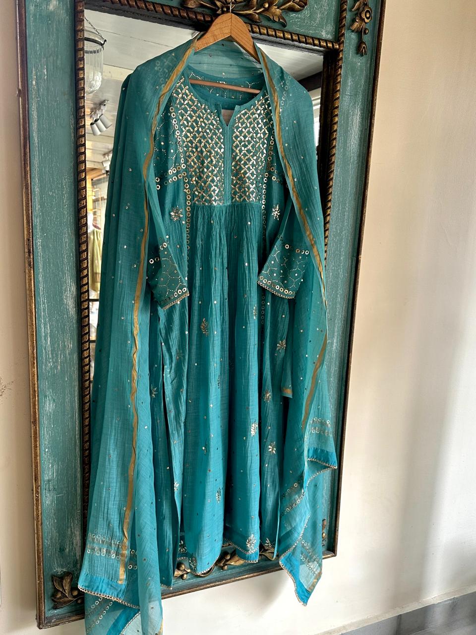 Sea Green Shade Mukaish Mul Chanderi Silk Dress