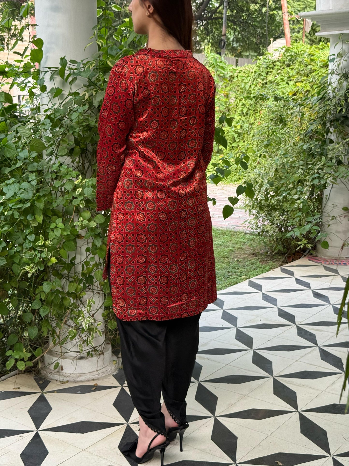 Ajrak Brick Red Shade Mashru Silk, Short Kurta