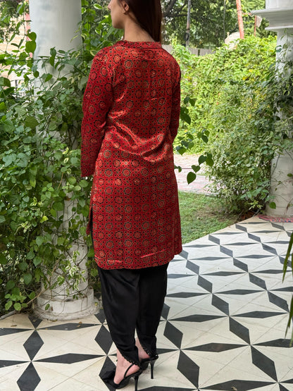 Ajrak Brick Red Shade Mashru Silk, Short Kurta