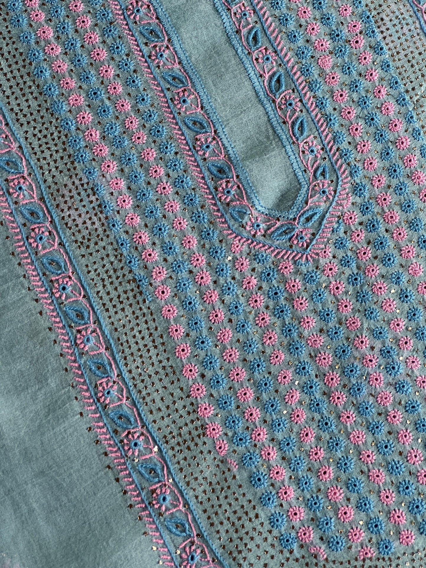 Blue Multi Shade Organza Silk Chikankari Unstitched Fabric