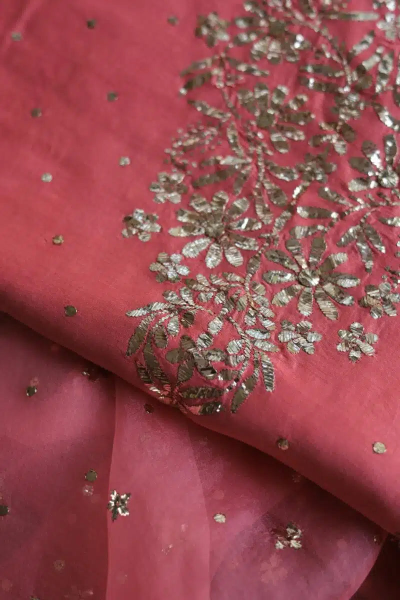 Carrot Pink Chanderi Silk Mukaish Badla Unstitched Fabrics