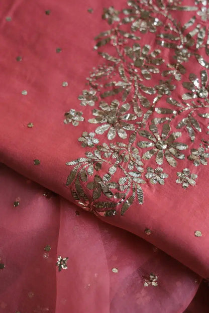 Carrot Pink Chanderi Silk Mukaish Badla Unstitched Fabrics
