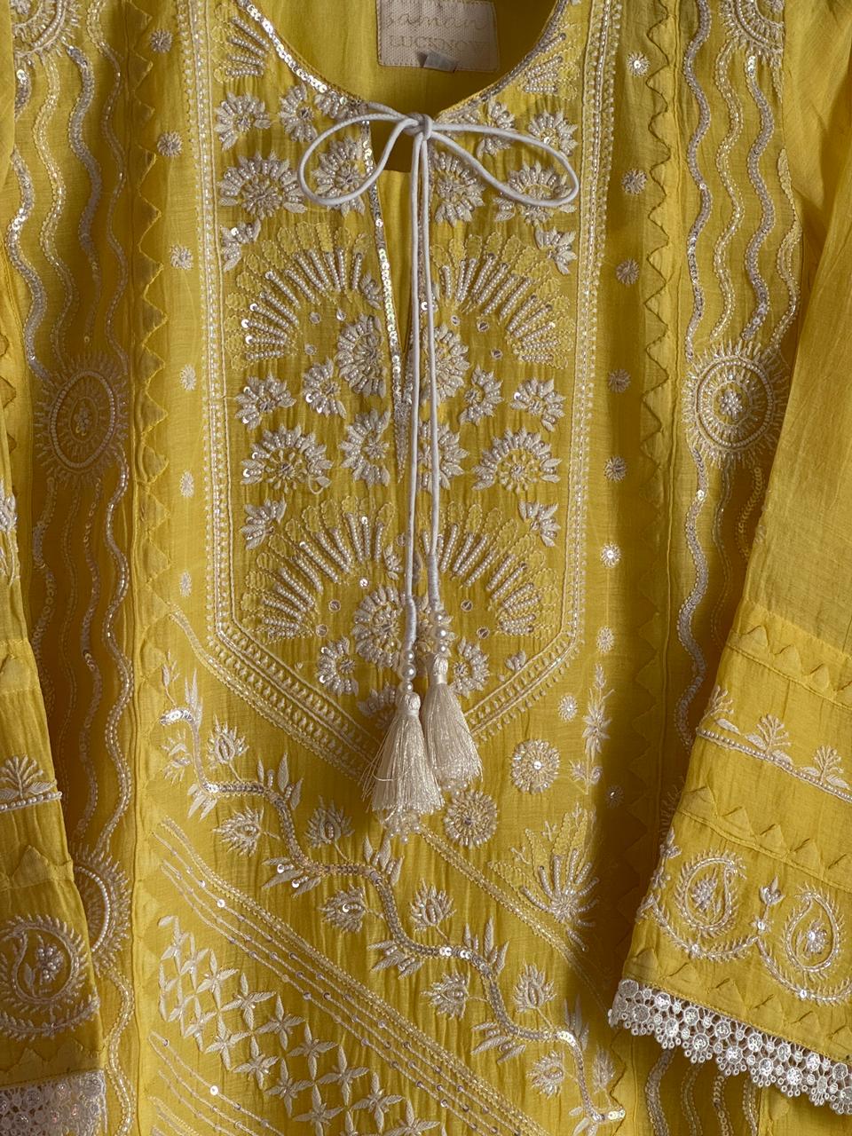 Yellow Mulmul Pearl White Chikankari Ready to Wear Kurta Set