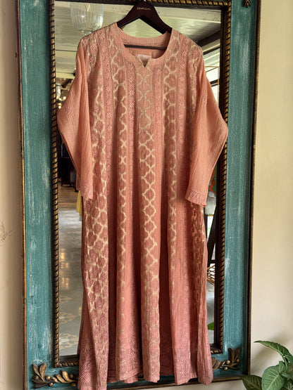 Coral Peach Zari Chanderi Chikankari A Line Kurta with Slip