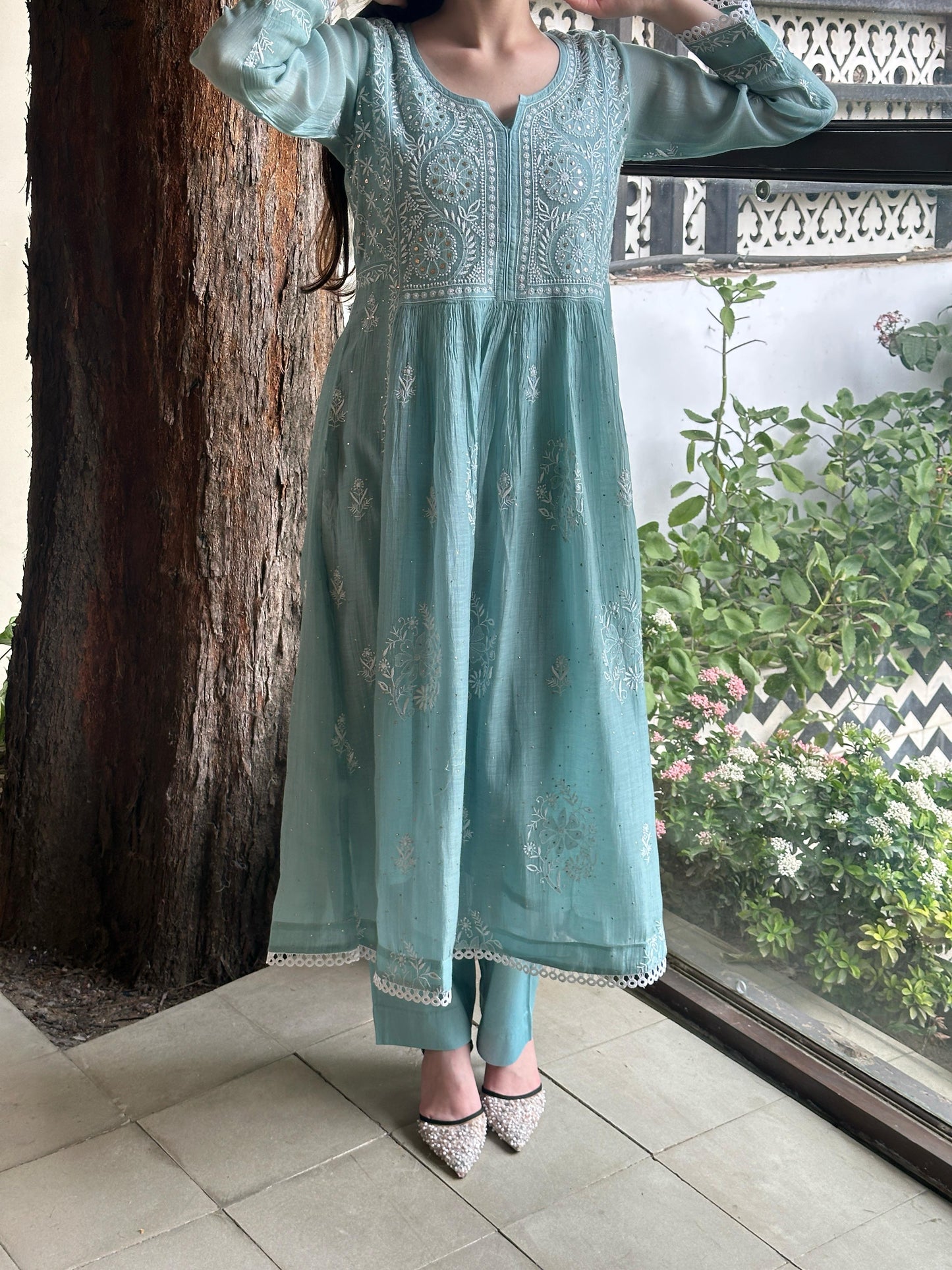 Light Blue Shade Malmal Mukaish Kamdani Chikankari Ready to Wear