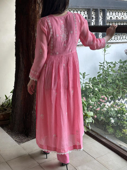 Pink Shade Malmal Mukaish Kamdani Chikankari Kurta Set