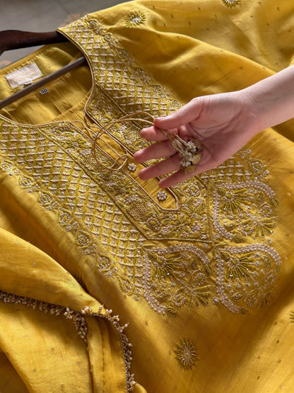 Soft Yellow Zari Chanderi Chikankari Kaftan
