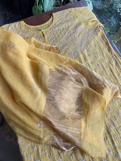 Yellow | Tissue Silk Chikankari Work Kurta Set