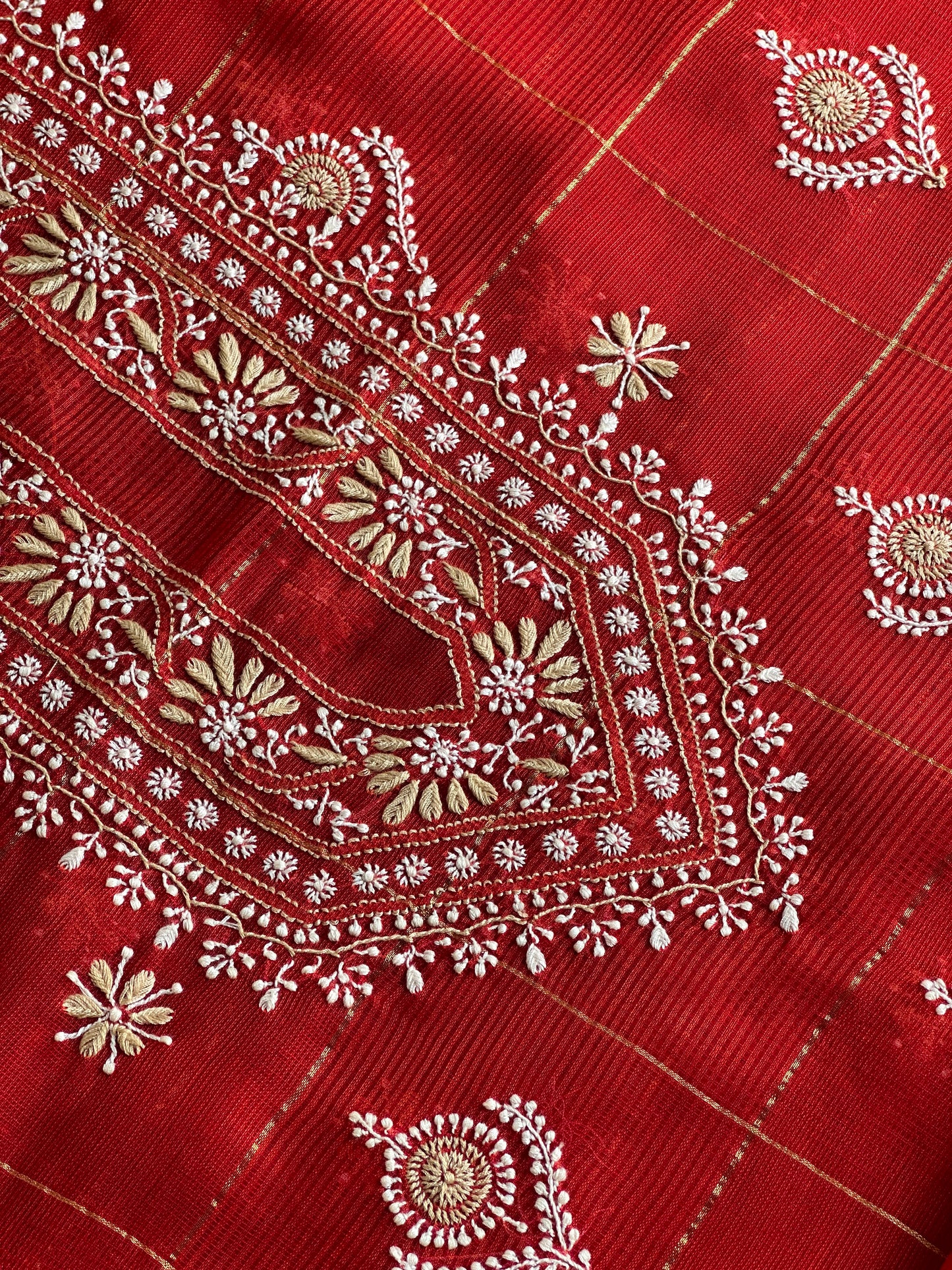 Red Shade Tissue Zari Kota Chikankari Unstitched Fabric