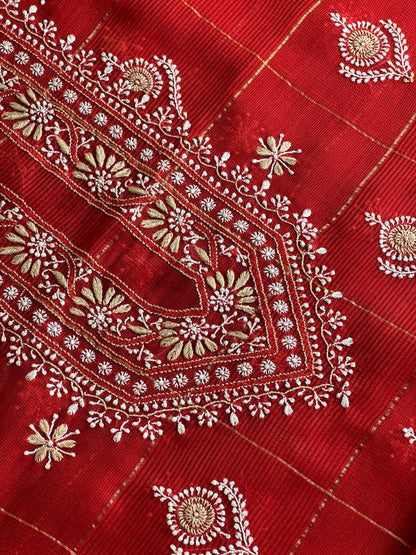 Red Shade Tissue Zari Kota Chikankari Unstitched Fabric