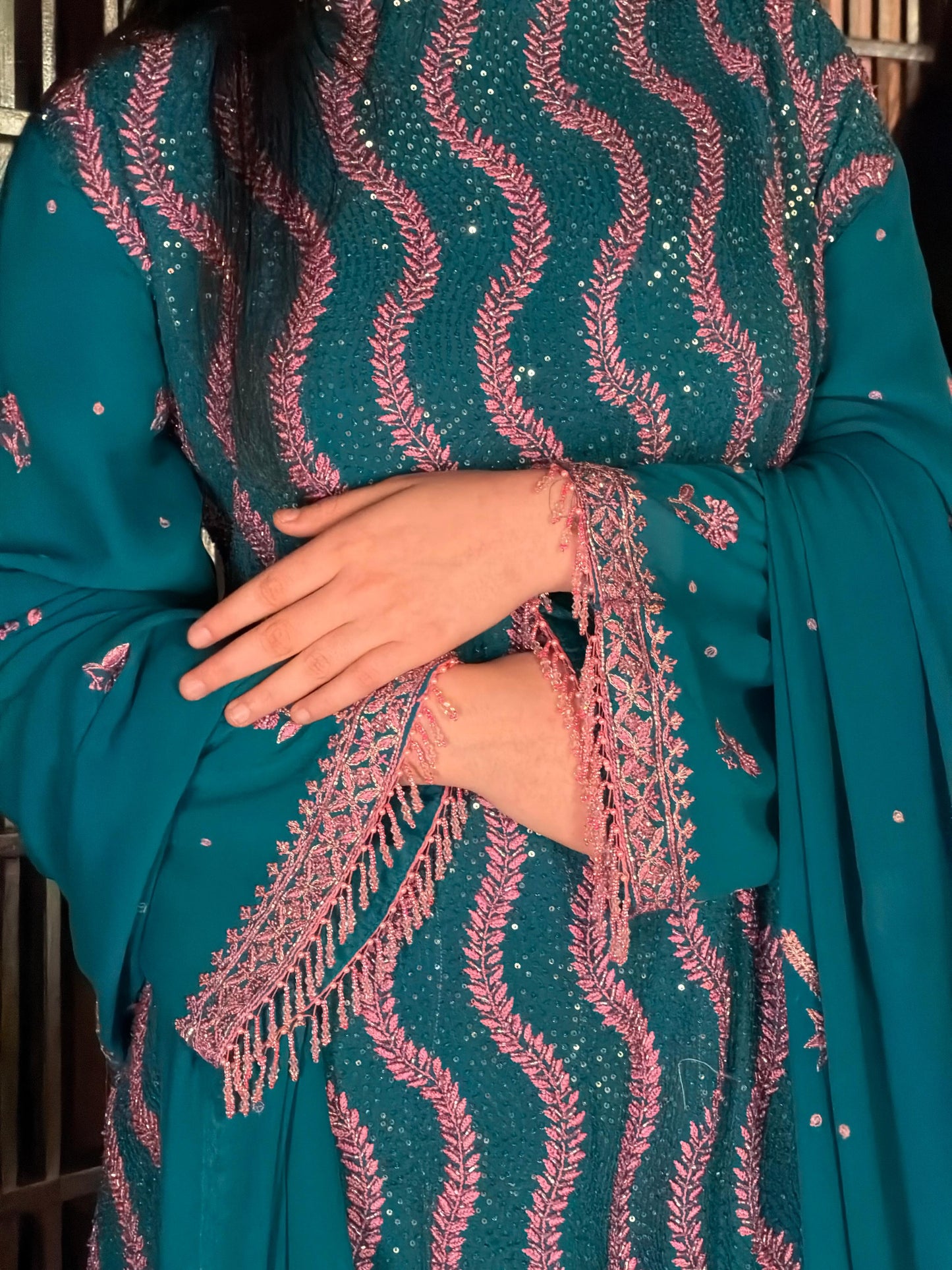 Prussian Blue Sequinned Georgette Chikankari Anarkali