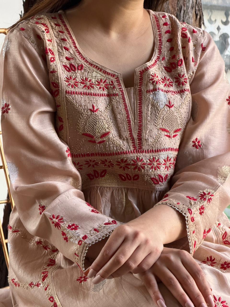 Almond Pink Zari Chanderi Chikankari Ready to Wear Tunics