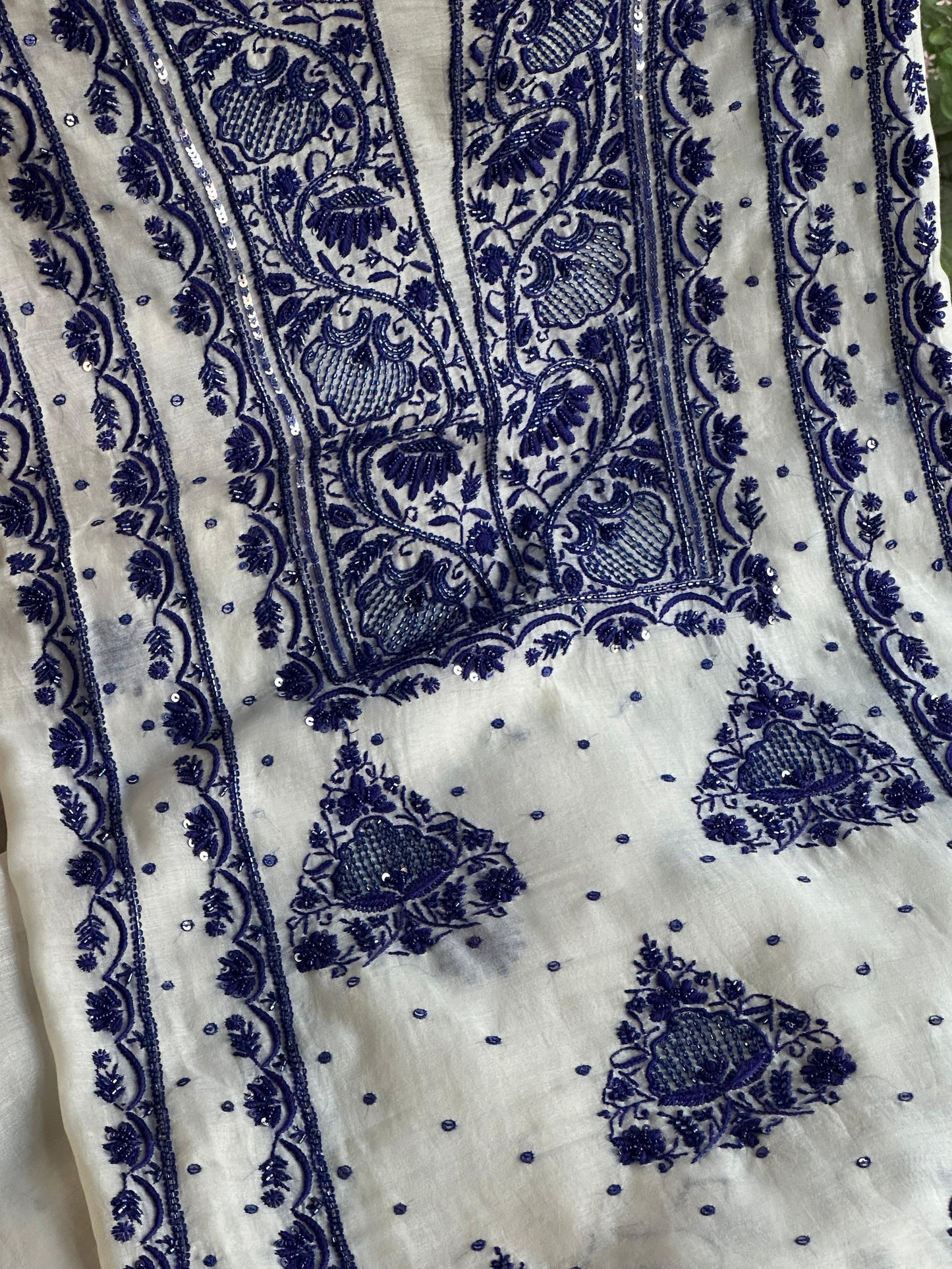 Indigo White Mal Chanderi Silk Chikankari Unstitched Fabric
