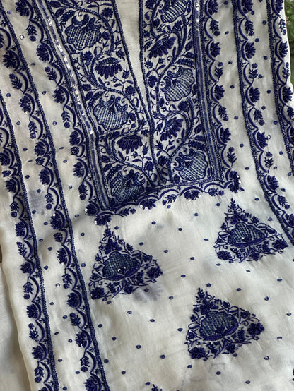 Indigo White Mal Chanderi Silk Chikankari Unstitched Fabric