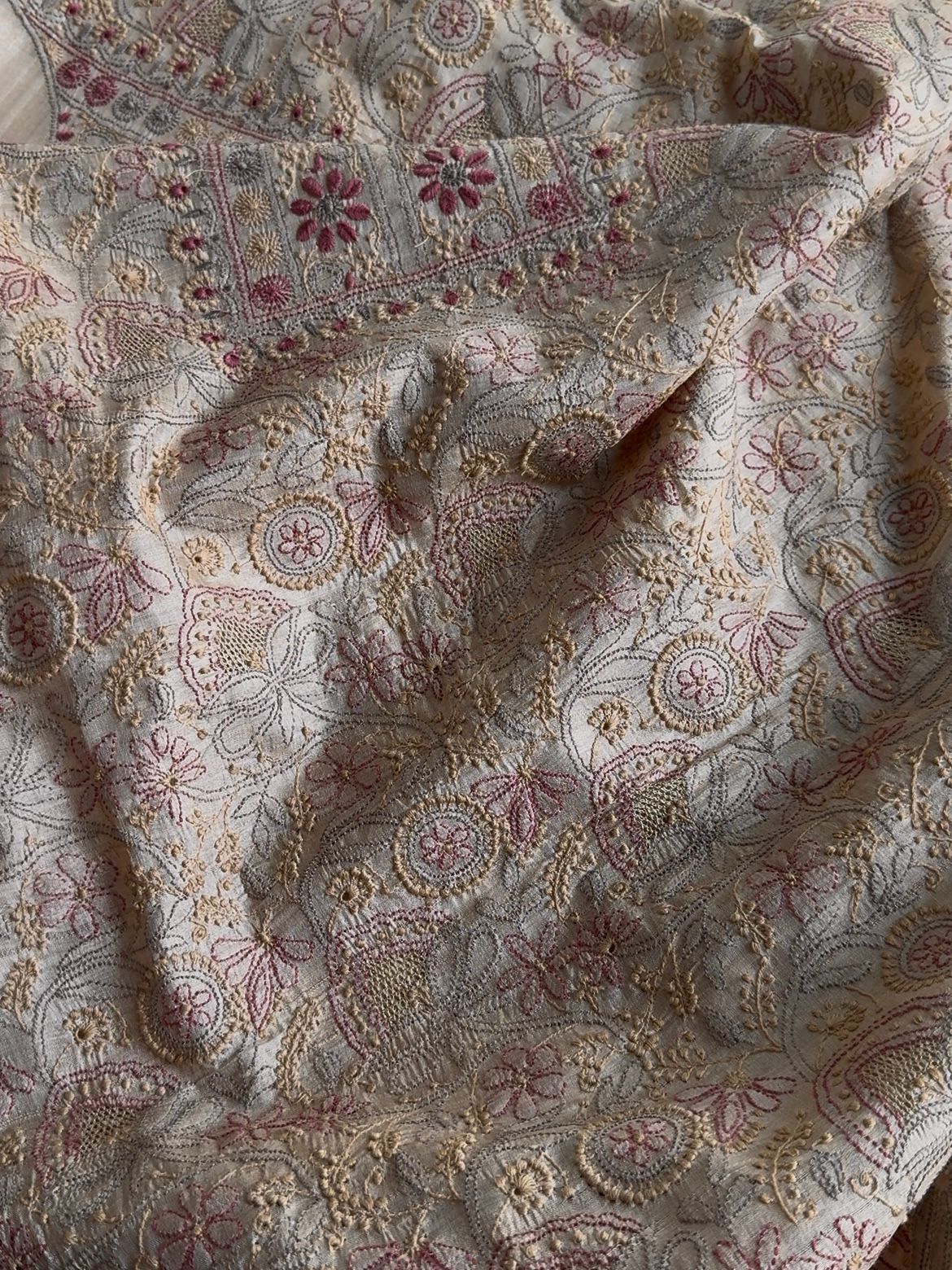 Natural Tussar Silk Chikankari Fabric
