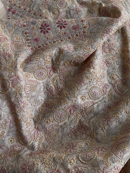Natural Tussar Silk Chikankari Fabric