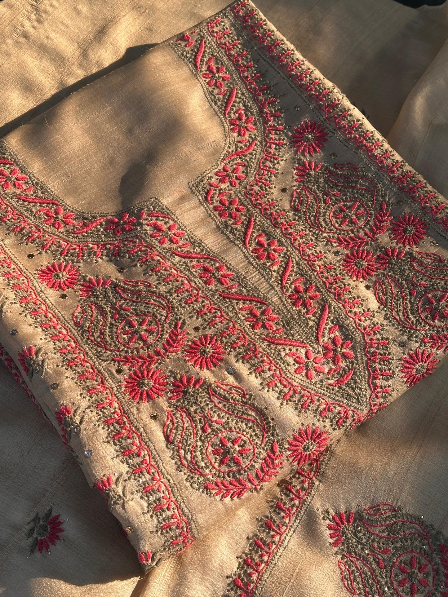 Natural Beige Shade Tussar Silk With Dual Thread Chikankari Fabric