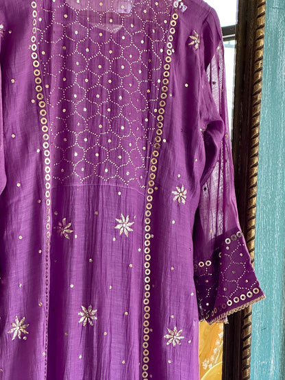 Deep Purple Shade Mukaish Mul Chanderi Silk Dress