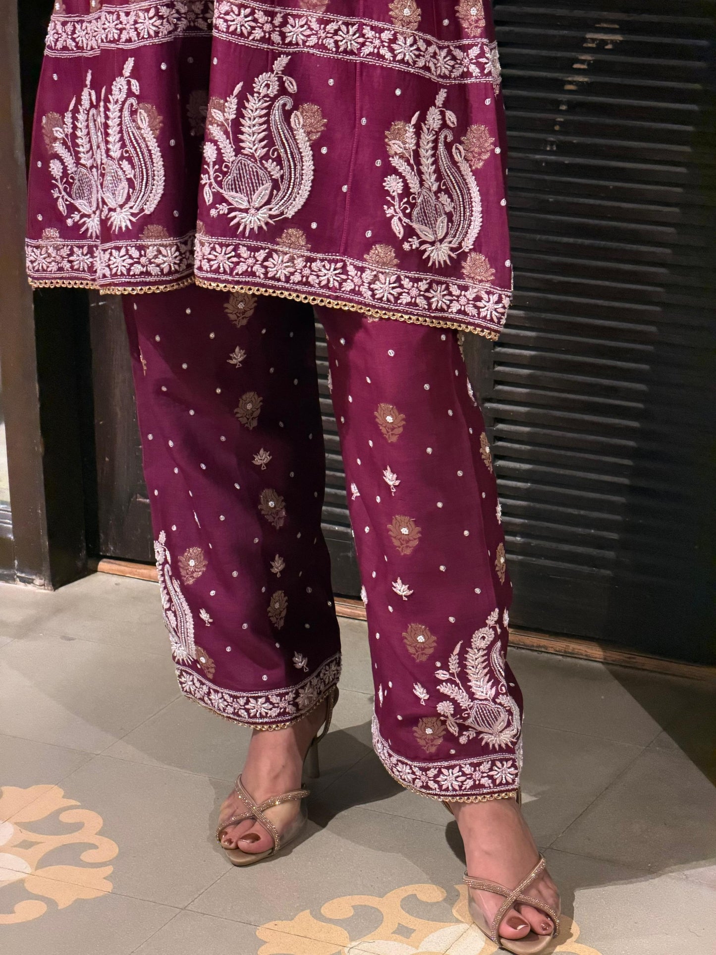 Plum Purple Zari Chanderi Chikankari Co-Ord Set