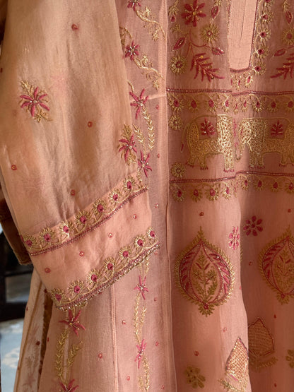 Pearl Peach Shade Noor Organza Chikankari A Line Kurta With Dupatta