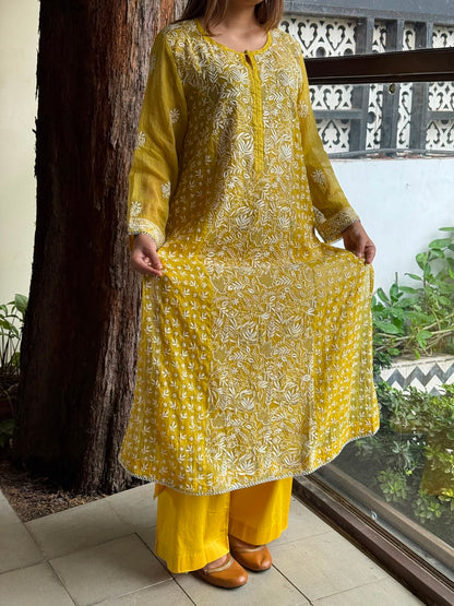 Yellow Tissue Silk Chikankari Straight Cut Kurta Dupatta Set