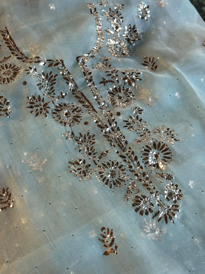 Sea Green Shade Noor Organza Silk Badla Unstitched Kurta Dupatta Set