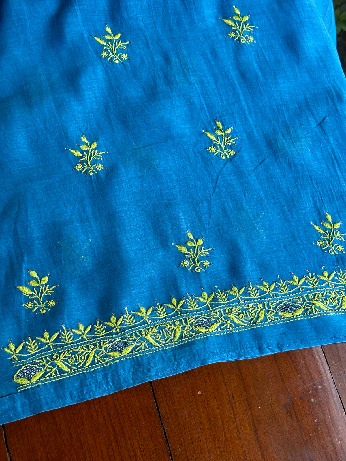 Blue & Green Shade Mal Cotton Chikankari Unstitched Kurta Dupatta Fabric With Mukaish Badla