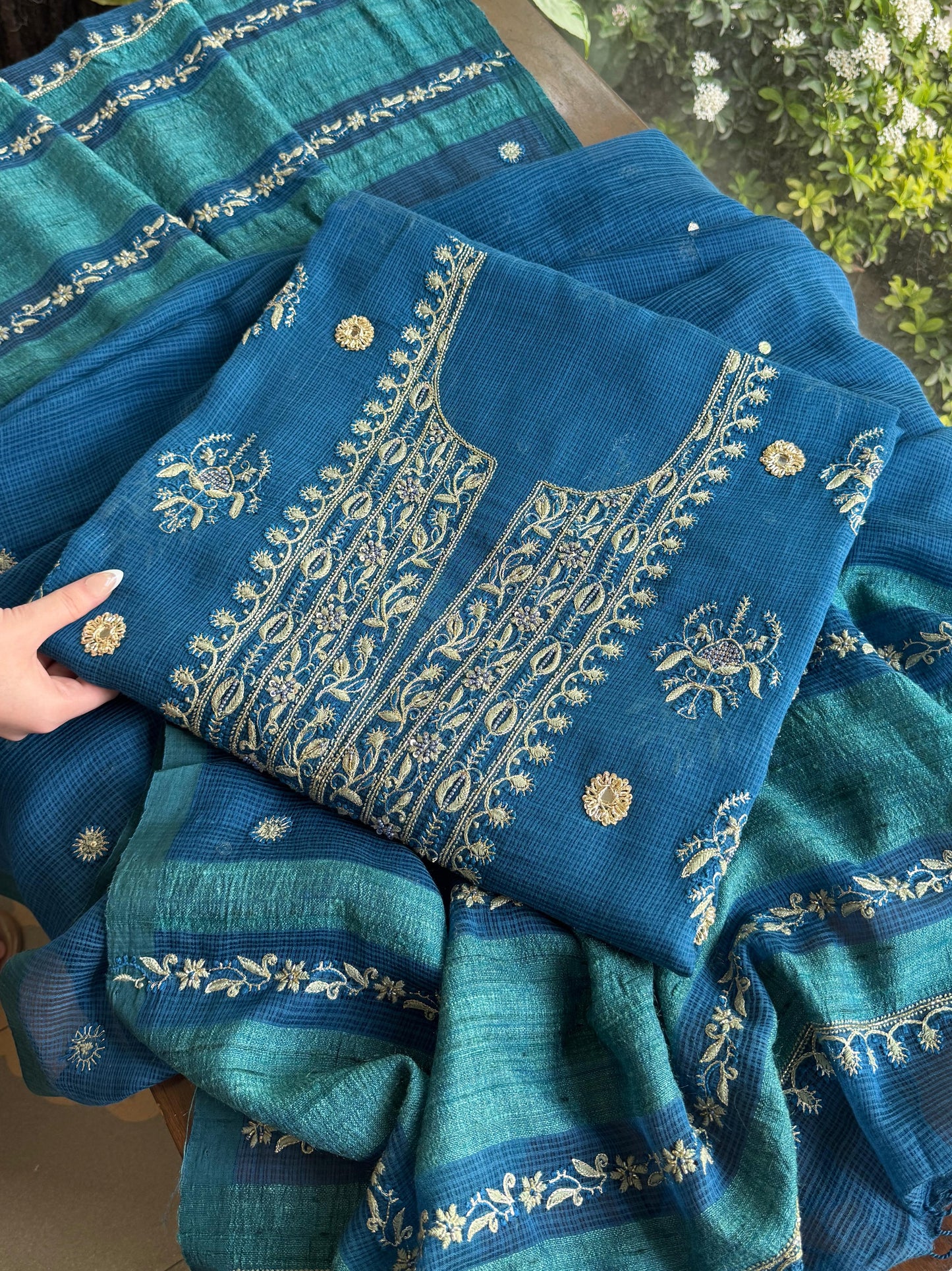Blue Handloom Kota Chikankari With Mirror Work Unstitched Kurta Dupatta Set