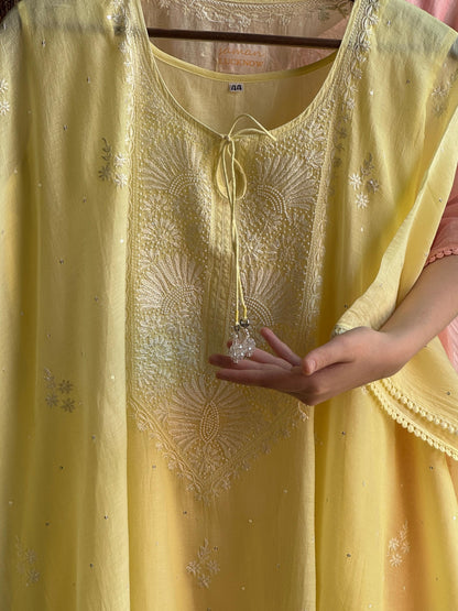 Soft Yellow Malmal Sequinned Chikankari Kaftan